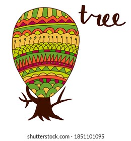 Cute doodle autumn tree with ornamental decoration isolated on whit background. Lettering of word Tree.  Vector illustration. 