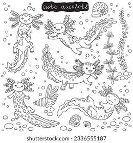 cute doodle axolotl hand drawn kids icon set