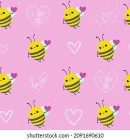 Cute doodle baby bee with heart text I love you pink seamless pattern minimalist hand drawn. Summer texture, insect textiles, children wallpaper. Valentine's day.