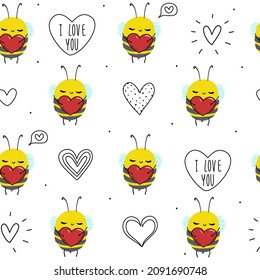 Cute doodle baby bee with heart text I love you white seamless pattern minimalist hand drawn. Summer texture, insect textiles, children wallpaper. Valentine's day.