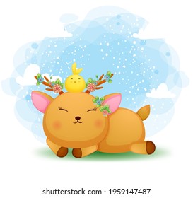 Cute doodle baby deer laying down with little bird Premium Vector