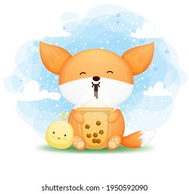 Cute doodle baby fox holding boba tea with chicks friend cartoon character Premium Vector