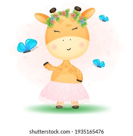 Cute doodle baby giraffe girl. baby shower Premium Vector Perfect for merchandise, etc