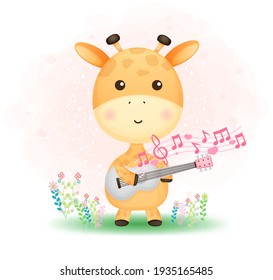 Cute doodle baby giraffe playing a guitar on the grass Premium Vector Perfect for merchandise, etc