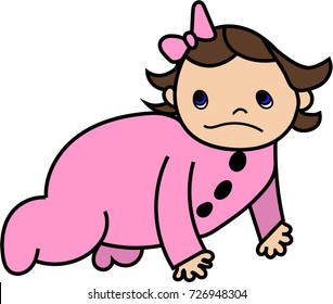 Cute doodle of a baby girl wearing a pink bow and onesie crawling and looking unsure of herself. Hand drawn vector illustration.