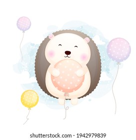 Cute Doodle Baby Hedgehog Hug And Flying With Balloon Cartoon Character Premium Vector