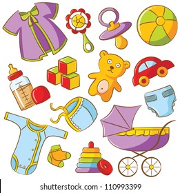 Cute doodle baby icon set on the white