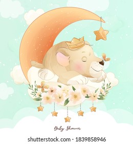 Cute doodle baby lion with watercolor illustration