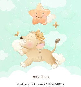 Cute Doodle Baby Lion With Watercolor Illustration