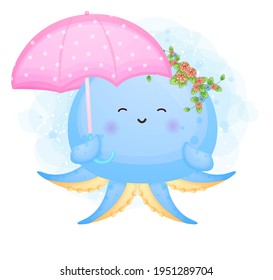 Cute doodle baby octopus holding umbrella cartoon character Premium Vector