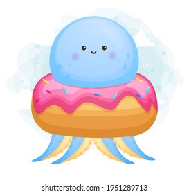 Cute doodle baby octopus inside a donut Premium Vector