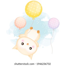 Cute doodle baby owl floating with balloons in the air cartoon character Premium Vector