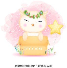 Cute doodle baby owl girl in the box cartoon character Premium Vector