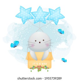 Cute doodle baby walrus boy flying with box Premium Vector