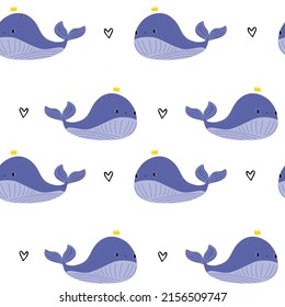 Cute doodle baby whale, white seamless pattern minimalist hand drawn. Summer texture, sea textile, children wallpaper.