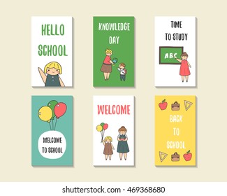 Cute doodle back to school cards, brochures, invitations with pupil girl, boy, teacher, globe, backpack, book, balloon, apple, blackboard. Cartoon objects background. Printable templates, tags set