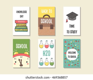 Cute doodle back to school cards, brochures, invitations with books, backpack, student hat, chemistry flask, apple, alarm clock. Cartoon objects background. Printable templates, tags set