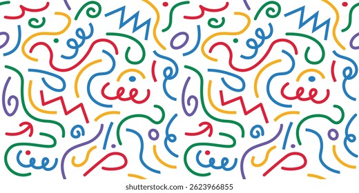 Cute doodle background with colorful abstract shapes, scribbled lines, and playful textures. Perfect for posters, kids prints, or fabric.