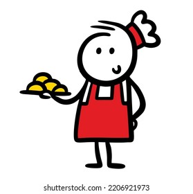 Cute doodle bakery showing his cakes and buns. Vector illustration of funny working man.