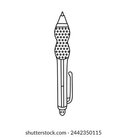 Cute doodle ballpoint pen with visible refill and rubberized holder. Ball ink pen for drawing and writing. Back to school supply and stationery for study, work. Vector clipart with hand drawn outline