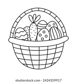 Cute doodle basket with Easter eggs and carrot. Vector linear illustration.