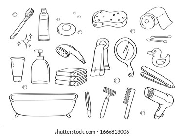 Cute Doodle Bathroom Accessories Cartoon Icons And Objects.