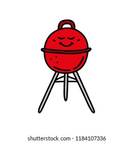 Cute doodle bbq grill brazier with smiling face isolated on white background. Funny food character.