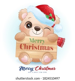 Cute doodle bear for christmas day with watercolor illustration