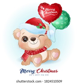 Cute doodle bear for christmas day with watercolor illustration