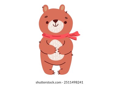 Cute doodle bear in a Christmas scarf character. New Year's winter bear cub. Decorative card, animal decoration element. Stock vector illustration isolated on a white background.