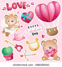 Cute doodle bear with elements for valentine’s day collection