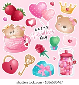 Cute doodle bear with elements for valentine’s day collection