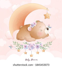 Cute doodle bear with floral illustration