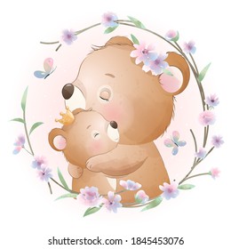 Cute doodle bear with floral illustration