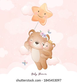 Cute doodle bear with floral illustration