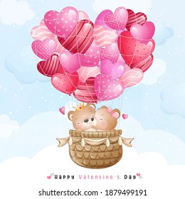 Cute doodle bear flying with air balloon for valentine’s day collection