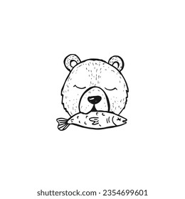 Cute doodle bear head face eating a dead fish, cartoon hand-drawn vector.