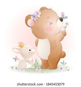 Cute doodle bear with little bunny illustration