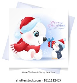 Cute doodle bear and penguin for christmas with watercolor illustration