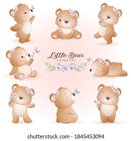 Cute doodle bear poses with floral set illustration