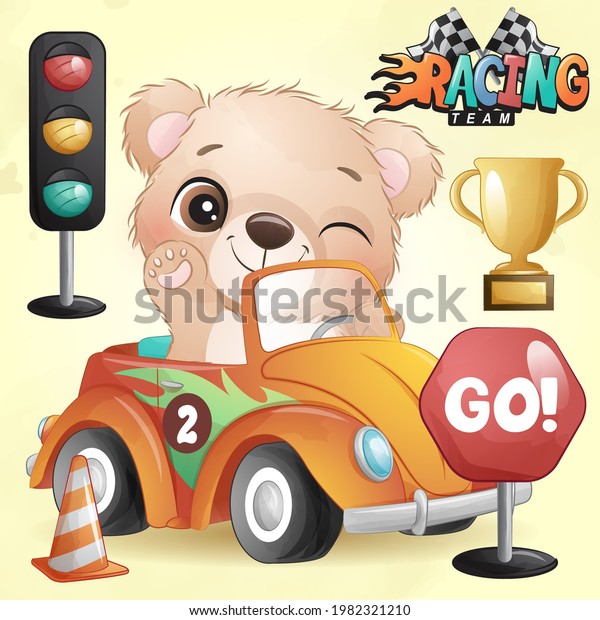 Cute doodle bear with racing car illustration