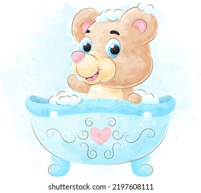 Cute doodle a bear taking a bath with watercolor illustration
