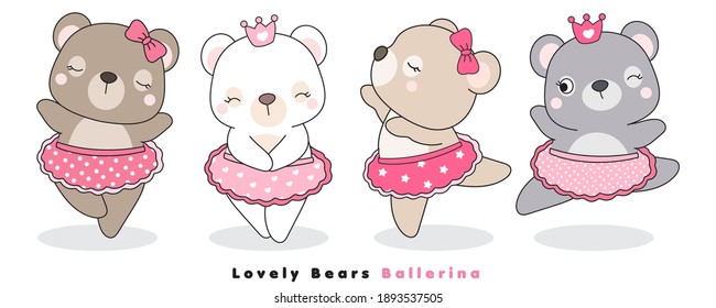 Cute doodle bears ballerina illustration