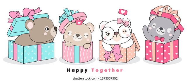 Cute doodle bears sitting inside the gift box illustration