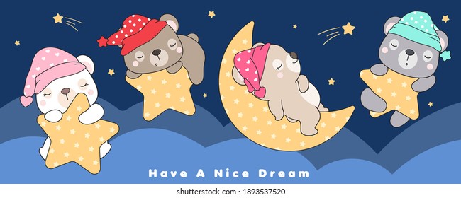 Cute doodle bears sleeping in the star and moon illustration