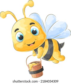 Abeja de doodle con miel con acuarela