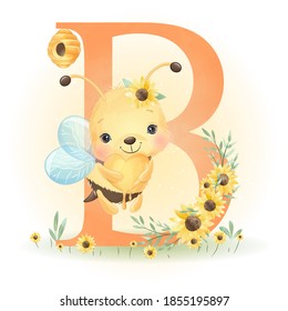 Cute doodle bee with floral illustration