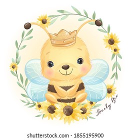 Cute doodle bee with floral illustration