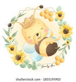 Cute doodle bee with floral illustration