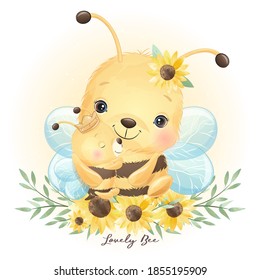 Cute doodle bee with floral illustration